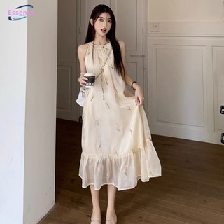 Váy nữ mùa hè mới cổ điển dáng rộng thêu hoa phong cách treo cổ váy dài vừa phải