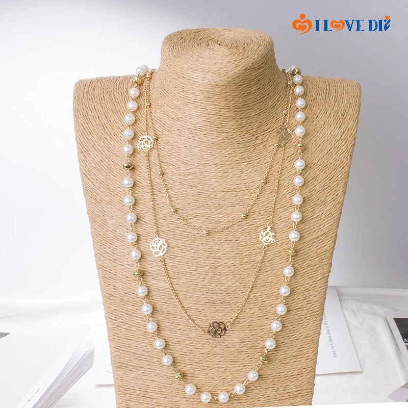 Vòng cổ Dáng Dài Nhiều Lớp Đính Hoa Trà Và Ngọc Trai Thời Trang