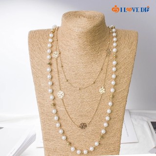 Vòng cổ Dáng Dài Nhiều Lớp Đính Hoa Trà Và Ngọc Trai Thời Trang