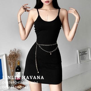 [Có sẵn] [Giá hủy diệt]  Đầm Hai Dây Body Màu Đen Phối Cùng Dây Xích Đeo Thắt Lưng