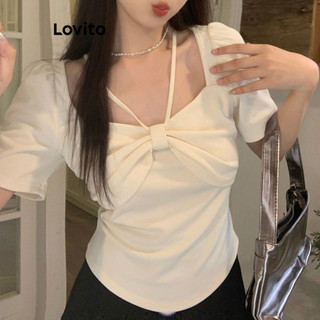 Áo thun Lovito có dây buộc nơ màu trơn phong cách thường ngày cho nữ LNE67405