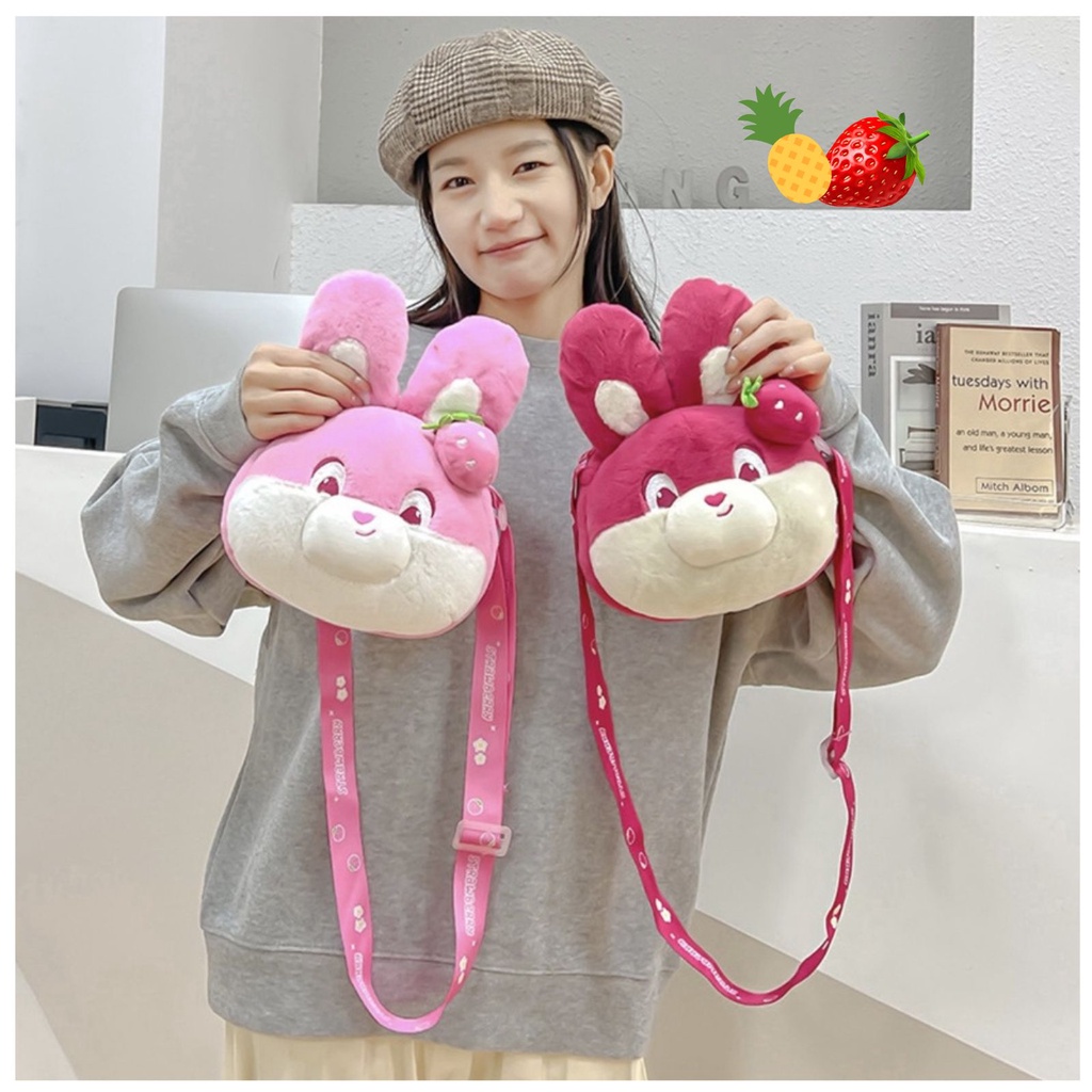 Túi Đeo Chéo Gấu Nhồi Bông Hình Mặt Thỏ Dâu Hồng Dễ Thương