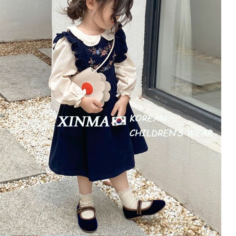 Bộ Áo Sơ Mi Cổ Búp Bê + Đầm Yếm Phong Cách Hàn Quốc Nhật Bản Thời Trang Xuân Thu 2023 Cho Bé Gái