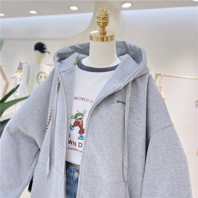 Áo Khoác Khóa Kéo Có Mũ Trùm Dáng Rộng Thời Trang Mùa Xuân Thu Hàn Quốc