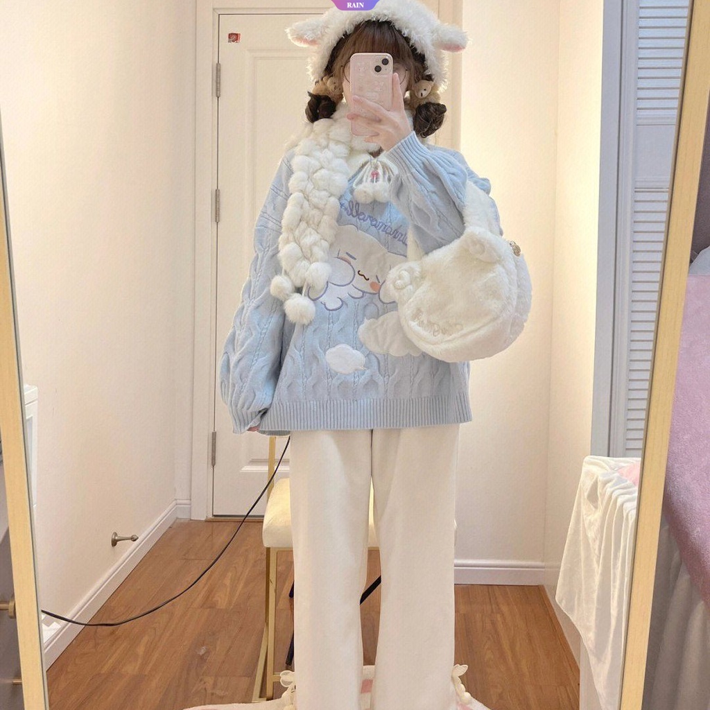 Áo sweater Dệt Kim Tay Dài Dáng Rộng Cổ Chữ v Thêu Hoạt Hình sanrio cinnamoroll Phong Cách Nhật Bản Thời Trang Xuân Thu Cho Nữ y2k