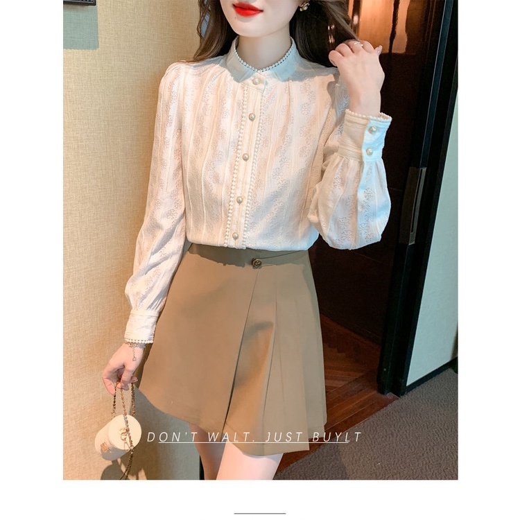 Áo Sơ Mi chiffon Tay Dài Cổ Đứng Phối Ren Thời Trang Mùa Thu Cho Nữ