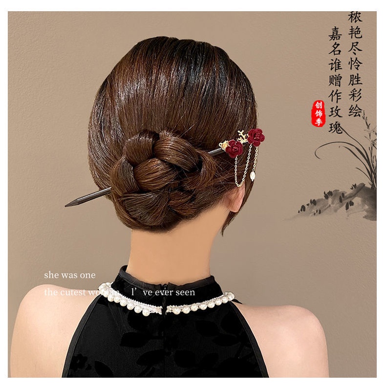 Trâm Cài Tóc Đính Hoa Hồng Tua Rua Phong Cách Cổ Điển Cho Cô Dâu