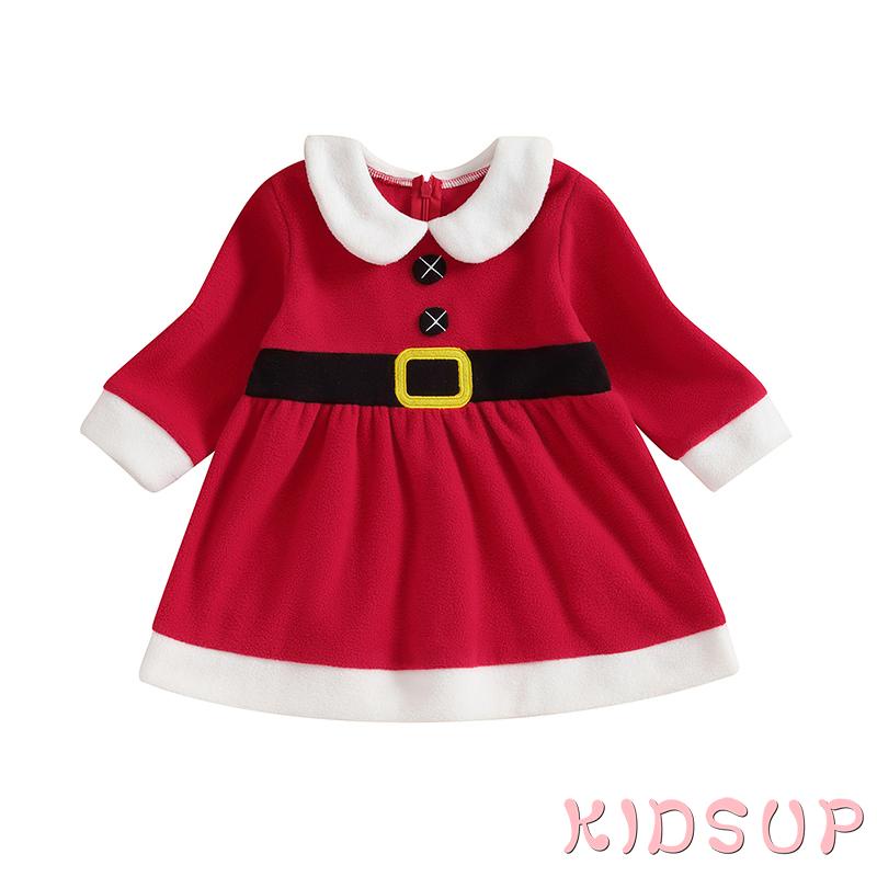 Đầm Tay Dài Cổ Búp Bê Màu Đỏ Phong Cách Giáng Sinh Dễ Thương Cho Bé Gái 1 Tuổi