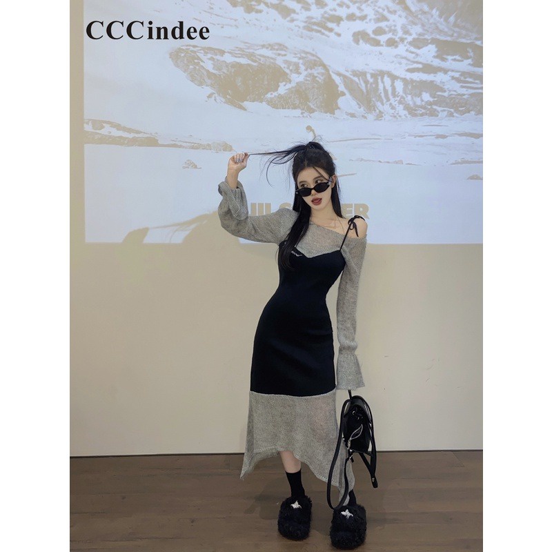 Cccindee Đầm Nữ Tay Dài Hở Vai Phối Màu Tương Phản Thời Trang 2023