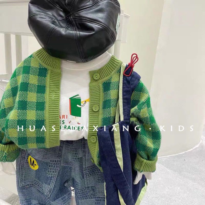 Áo Khoác Len cardigan Dáng Rộng Cổ Tròn Họa Tiết Kẻ Ô Thời Trang Thu Đông 2023 Phong Cách Hàn Quốc Dành Cho Bé Trai Bé Gái