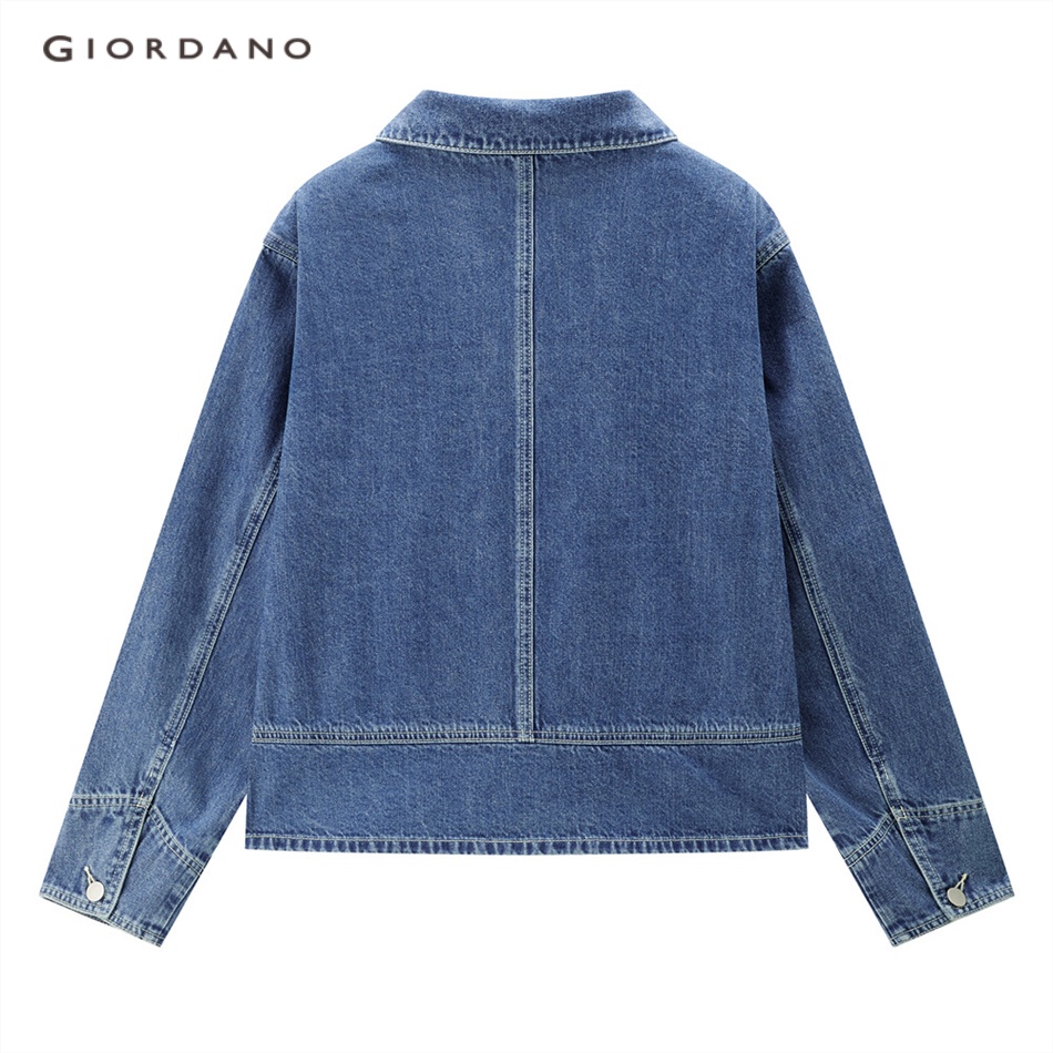 GIORDANO WOMEN Turn-down collar big pockets loose denim jacket 18373203