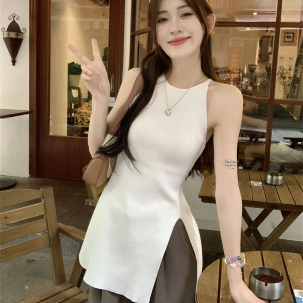 Áo Vest Xẻ Tà Vừa Vặn Màu Trơn Phong Cách Mới Phụ Nữ Mùa Hè Gợi Cảm Áo Không Tay