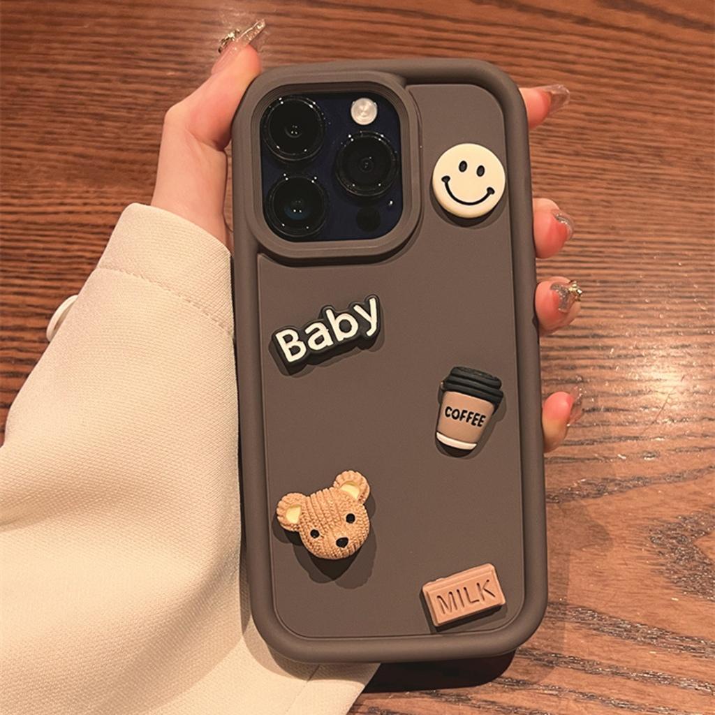 Ốp lưng Vỏ gấu cà phê iPhone 11 màu nâu DIY phim hoạt hình 3D lỗ lớn máy ảnh chống sốc vỏ TPU mềm ch