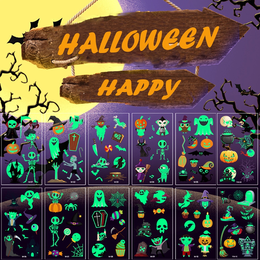 ⚡Còn Hàng⚡ Nhãn Dán Hình Xăm Halloween Phát Sáng Bí Ngô Vui Nhộn   Cơ Thể Trẻ Em Nhãn Dán Mặt Tạm Thời Chống Thấm Nước Trang Trí Halloween Tụ Tập Nhãn Dán Tạm Thời
