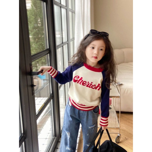 Áo Khoác Sweater Dệt Kim Phối Màu Tương Phản Thời Trang Xuân Thu 2023 Phong Cách Hàn Quốc Cho Bé Gái