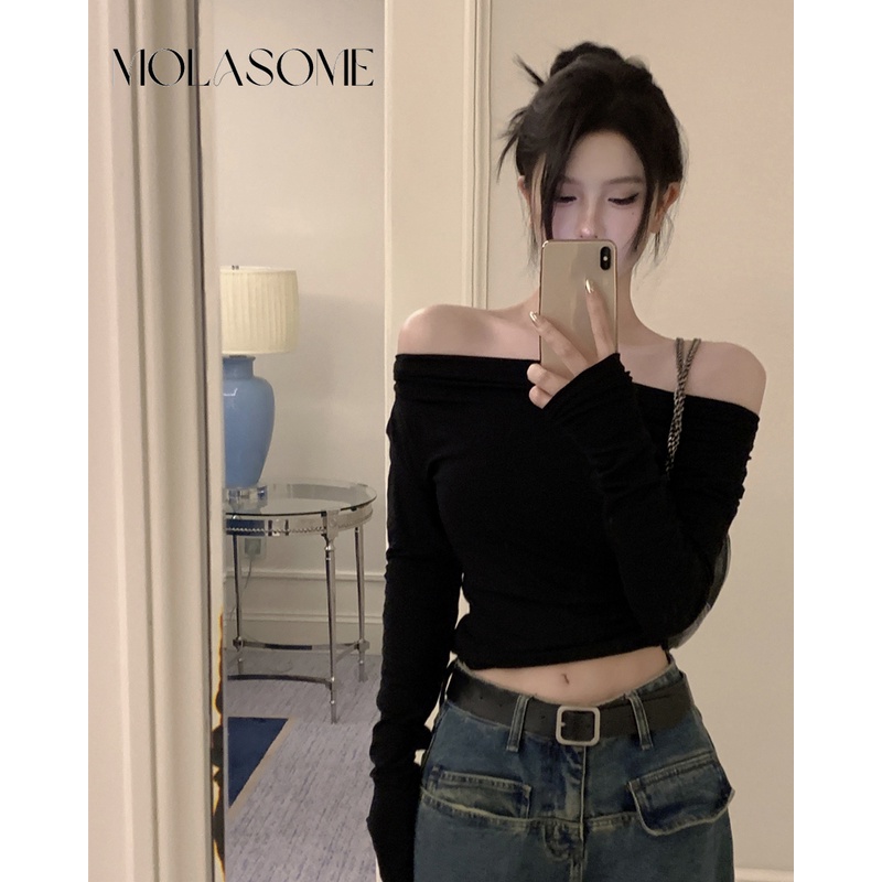 Polaroisome Áo Thun Tay Dài Hở Vai Màu Trơn Thời Trang Mới 2023 Dành Cho Bạn Nữ