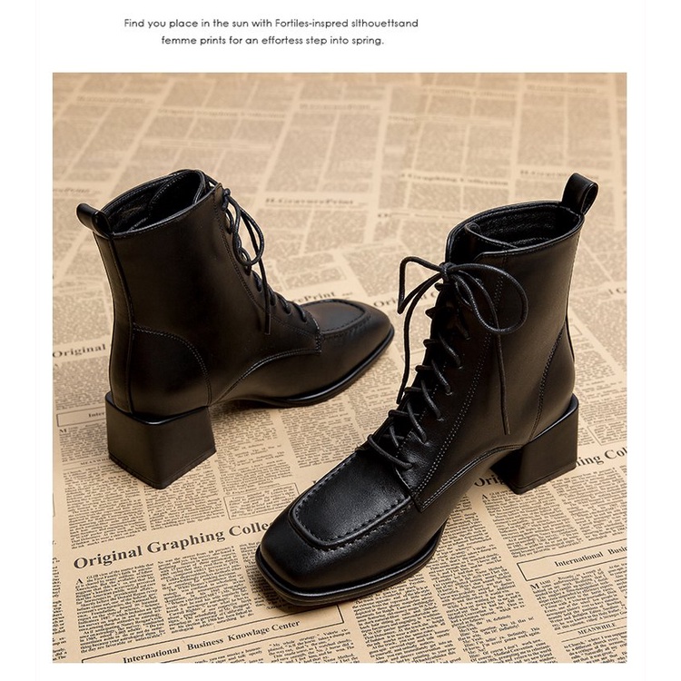 Giày Bốt martin Mũi Vuông Gót Dày Buộc Dây Cá Tính Cho Bạn Gái Cỡ 34-40