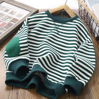 Vận Chuyển Nhanh 110-160CM Phiên Bản Hàn Quốc Thu Đông Trẻ Em Preppy Phong Cách Sọc Cổ Tròn Áo Chui Đầu Áo Vừa Lớn Bé Trai Bé Gái Lông Cừu Lót Dày Dài @