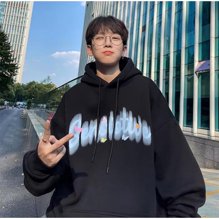 Áo hoodie Nhung Dày Dặn Tay Dài Dáng Rộng In Hình Bướm graffiti Phong Cách Mỹ Cổ Điển Thời Trang Mùa Thu Mới Dành Cho Bạn Nam size M-5XL