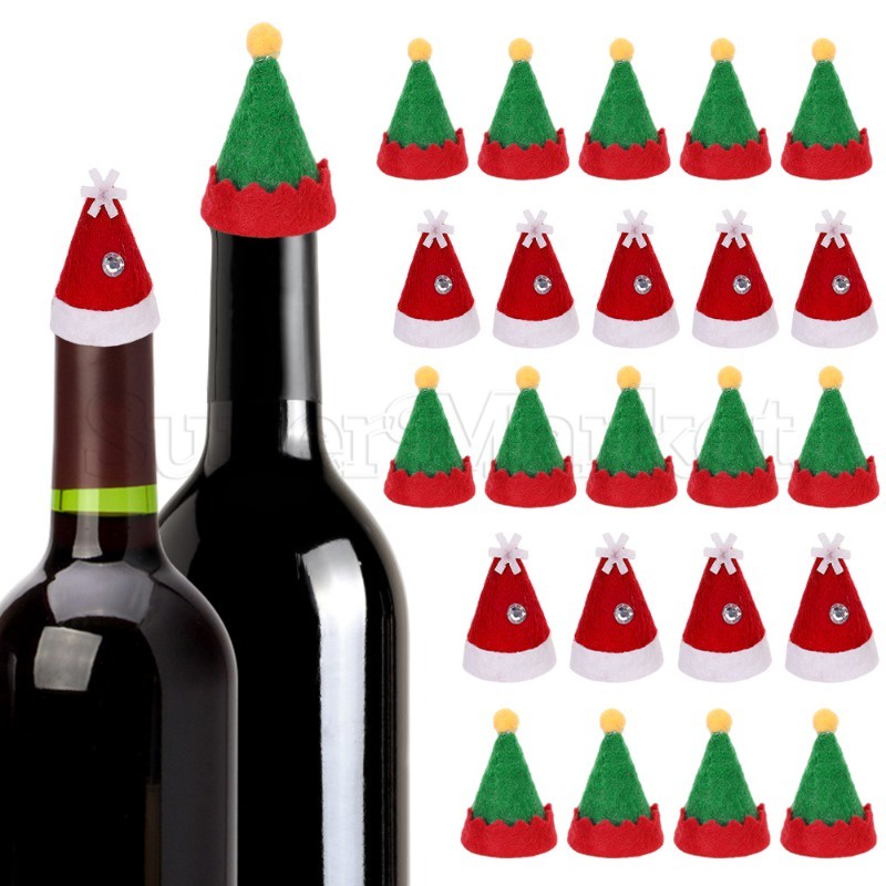 Nắp Chai Rượu mini Bằng Nhung / Mũ Ông Già Noel diy Trang Trí Tiệc Giáng Sinh / Năm Mới