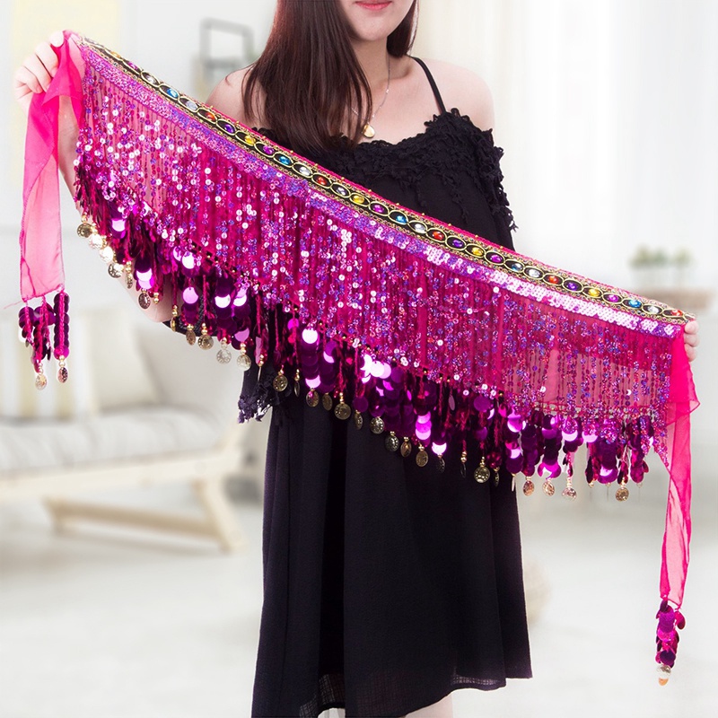 Thắt Lưng Dây Xích Bằng Vải Voan Phối Đồng Xu Vàng Nhiều Màu Dùng Múa Bụng