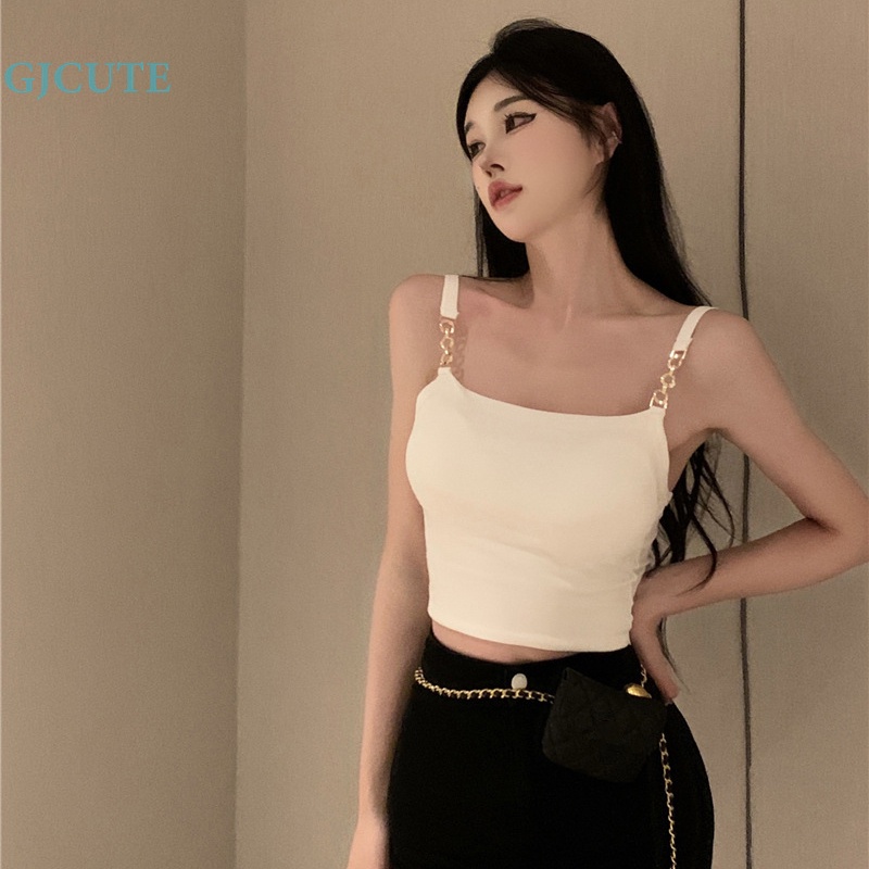 Gjcute Áo Hai Dây Mỏng Mùa Hè Có Đệm Ngực Màu Trơn Phối Dây Xích hottie Cho Nữ wtd