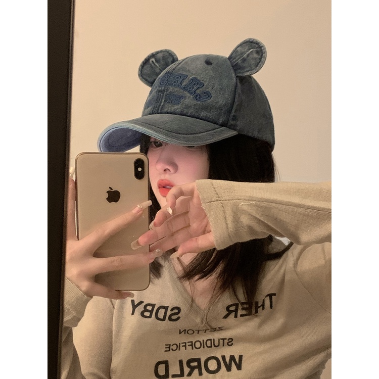 Mũ Lưỡi Trai denim Thêu Hình Tai Gấu Dễ Thương Phong Cách Hàn Quốc