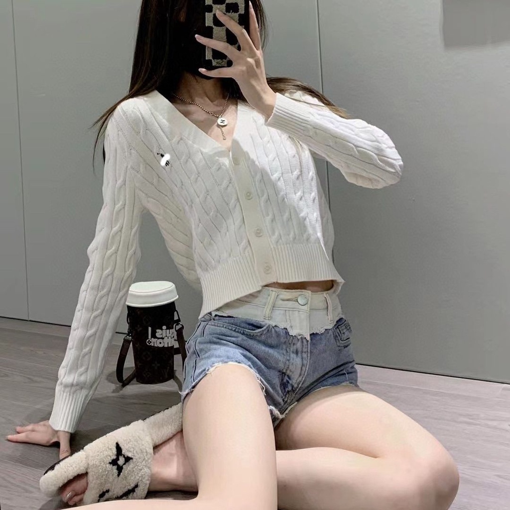 LP0J RalphLauren biao small waist short knitwear cardigan women's spring and autumn all-match twisted knitted sweater coat