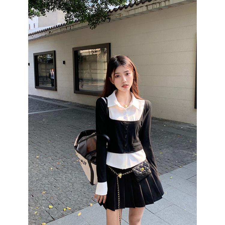 Áo Sơ Mi Ngắn Tay Dài Giả Hai Lớp Màu Sắc Tương Phản Phong Cách Pháp Thời Trang Xuân Thu Cho Nữ