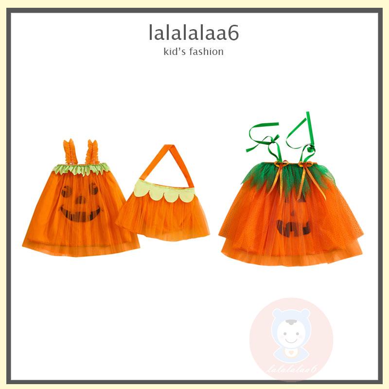 Laa6-đầm Vải Tuyn Không Tay Hình Bí Ngô halloween Kèm Túi Đựng Cho Bé Gái