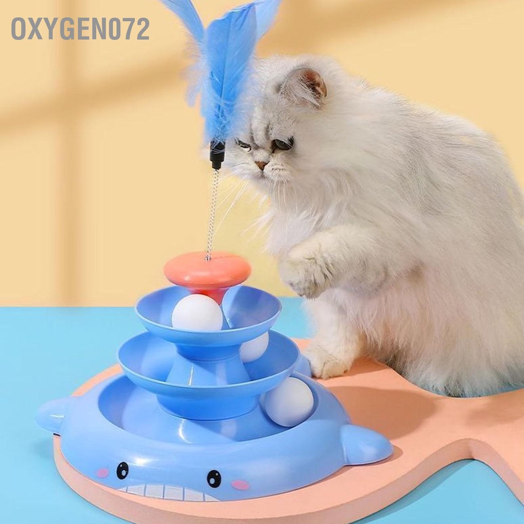 Tháp banh cho mèo - Đồ chơi bóng bàn xoay cho mèo 3 cấp độ tương tác làm giảm sự nhàm chán của con mèo với thanh lông vũ và quả - Oxygen072