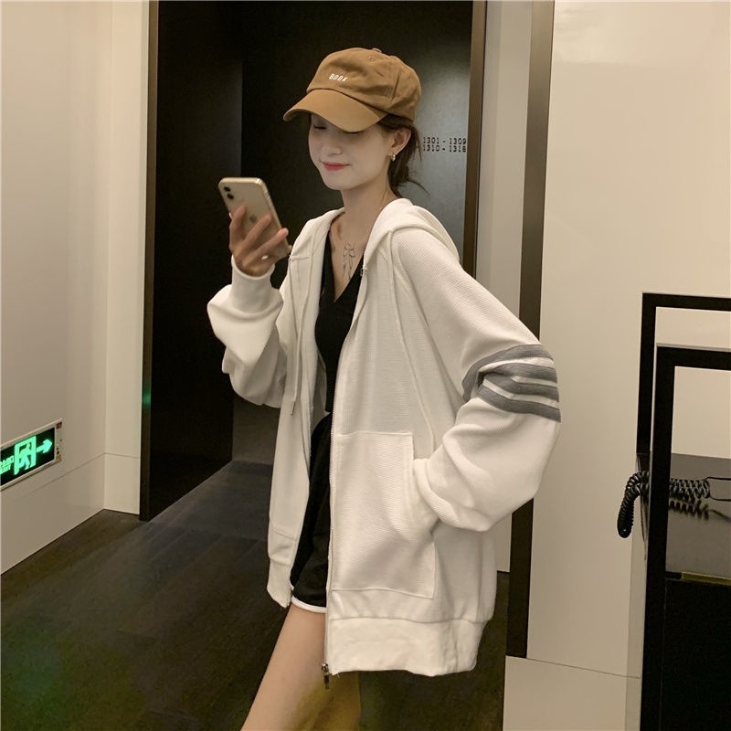 Áo Khoác Hoodie Mỏng Dáng Rộng Màu Xám Có Khóa Kéo Phong Cách Hàn Quốc Thời Trang Xuân Thu Hàng Mới 2022