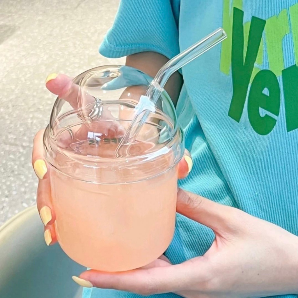 Bình Nước Thủy Tinh Cỡ Lớn Có Nắp Và Ống Hút Họa Tiết Hoạt Hình Dễ Thương Cho Bé Gái