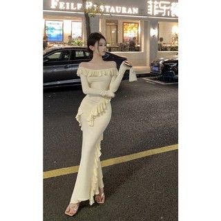 Liasynn đầm dài xẻ tà một bên vai dáng ôm tay dài xẻ tà bên trong cho nữ