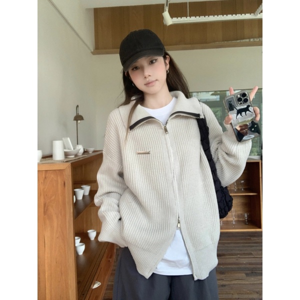 Cozok Áo Khoác cardigan Dệt Kim Tay Dài Màu Trơn Có Khóa Kéo Phong Cách retro