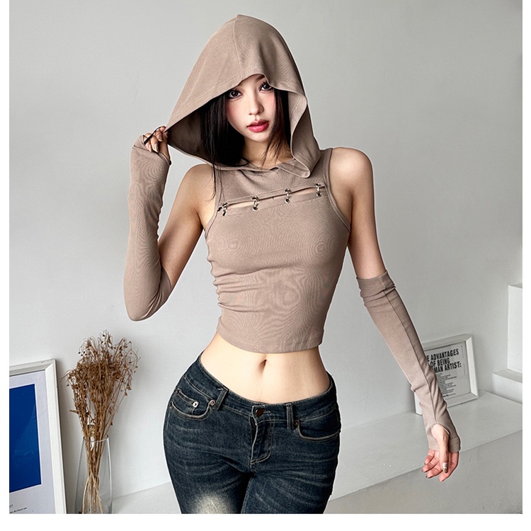 Klalien y2k Áo Sát Nách Có Mũ Trùm Đầu Phối Khóa Kim Loại Khoét Rỗng Đơn Giản Thời Trang Cho Nữ