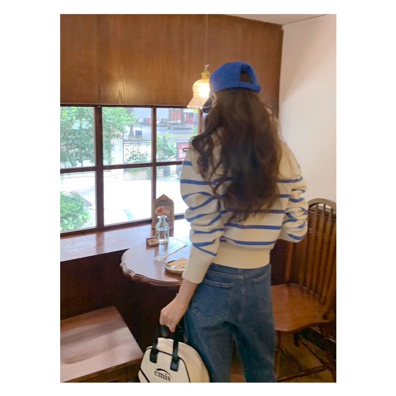 Áo sweater Dệt Kim Tay Dài Dáng Rộng Kẻ Sọc Màu Tương Phản Dễ Thương 6836