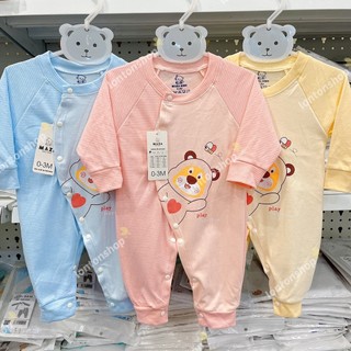 Body liền thân cotton nỉ kẻ ngang in gấu play cho bé mùa thu đông