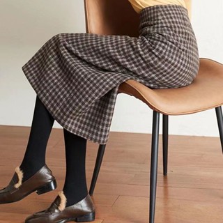 [linin] Chân Váy Len Dáng Chữ a Lưng Cao Xẻ Tà Họa Tiết Kẻ Sọc Phong Cách Mới Cho Nữ