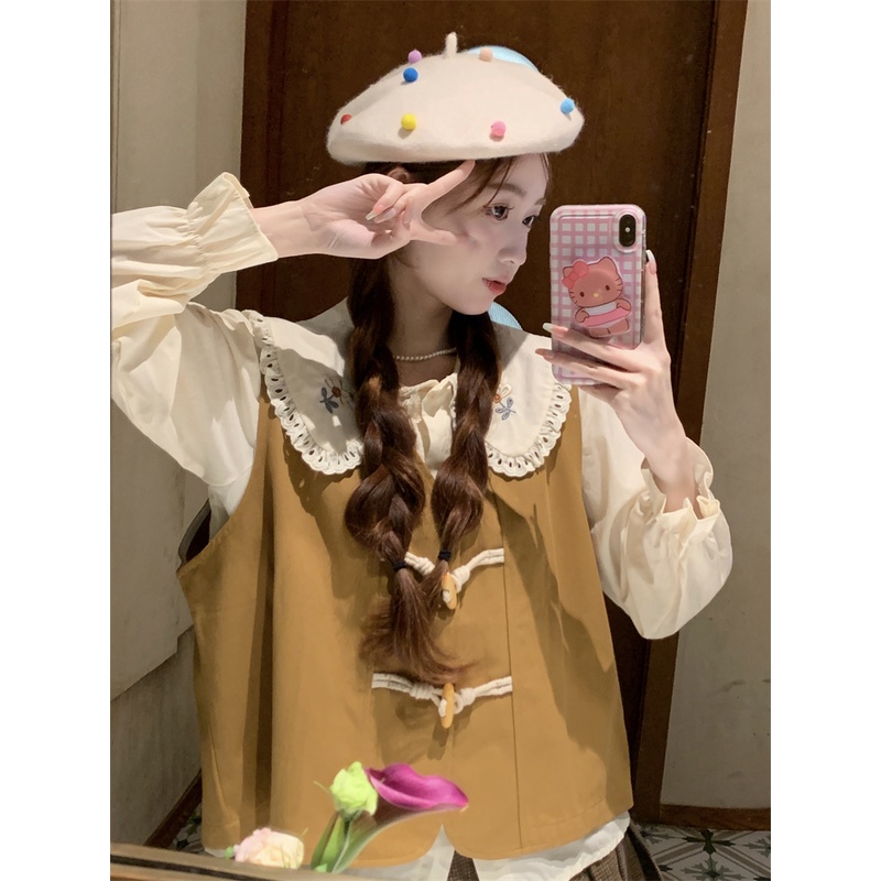 Áo Sơ Mi Tay Dài Dáng Rộng Cổ Búp Bê Thêu Họa Tiết Phong Cách retro Thời Trang Mùa Thu Cho Nữ