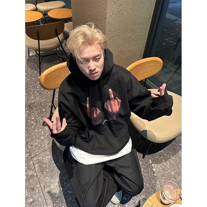 Áo hoodie Thu Đông Phong Cách Mới Hình Ngón Tay Giữa Độc Đáo Màu Đen Cho Nam Sinh Tuổi Teen