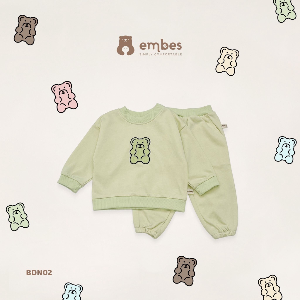 EMBES Bộ quần áo thu đông nỉ da cá cho bé trai bé gái từ 8kg tới 18kg