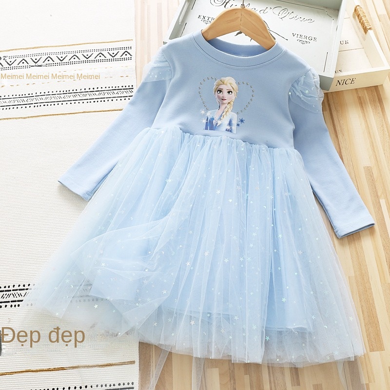 Đầm Công Chúa Tay Dài Phối Lưới Thời Trang Thu Đông Mới 2023 Cho Bé Gái