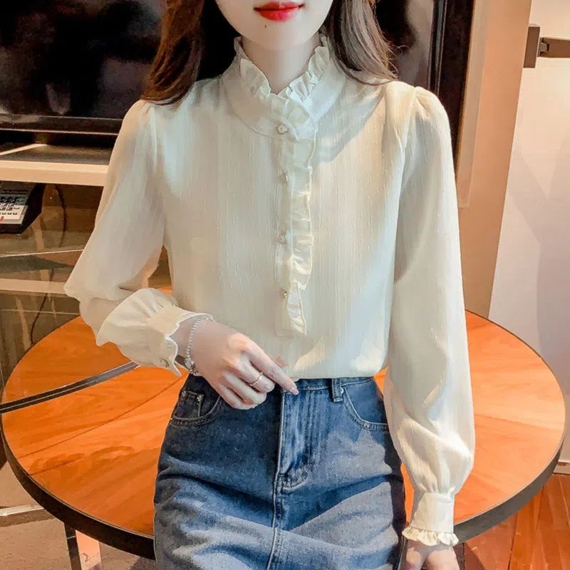 Đứng Áo Sơ Mi chiffon Dài Tay Màu Trơn Phối Ren Thời Trang Xuân Thu Cho Nữ