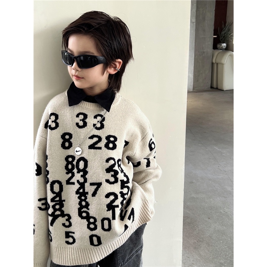 Áo len SIZE ĐẠI cho bé AB776 size 90-160 màu kem hình số đen, thời trang thu đông trẻ em 2023