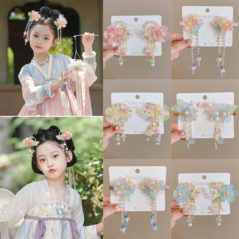 Bộ 2 Kẹp Tóc Tua Rua Đính Ngọc Trai Phong Cách Trung Hoa Cho Bé Gái