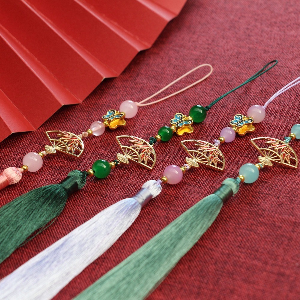 Quạt Treo Tai 15cm Mạ Vàng Hình Bướm Tua Rua Phong Cách hanfu Cổ Điển Trang Trí Điện Thoại Di Động suizi qipao