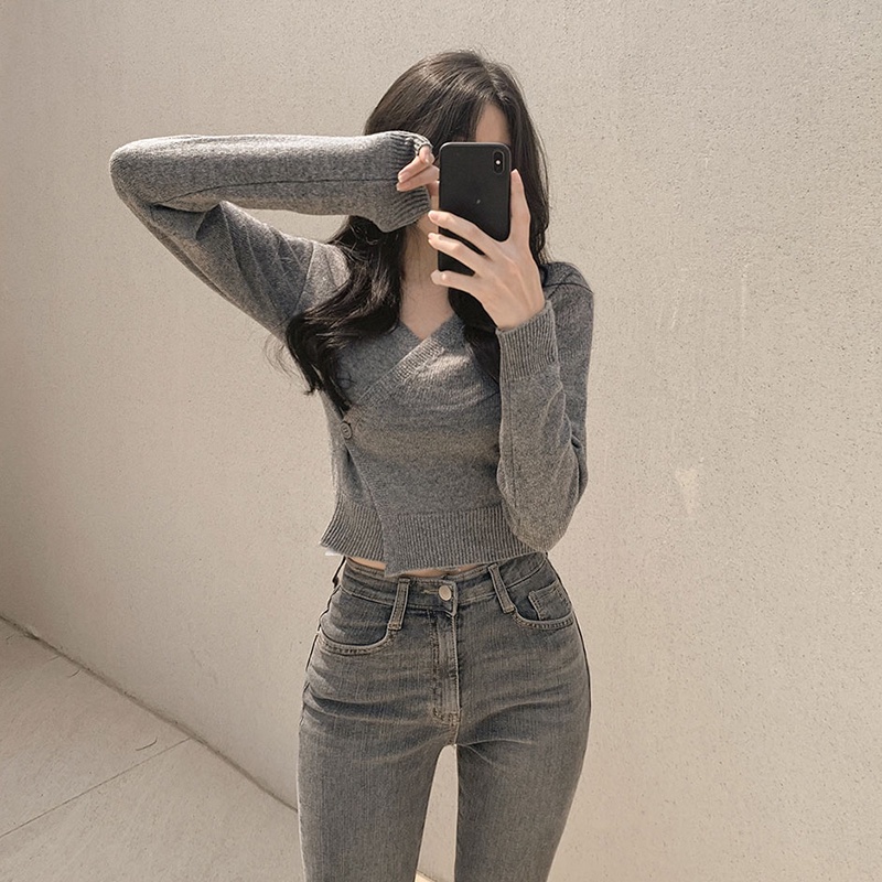 Áo cardigan Cổ Chữ v Màu Trơn Phong Cách Nhẹ Nhàng