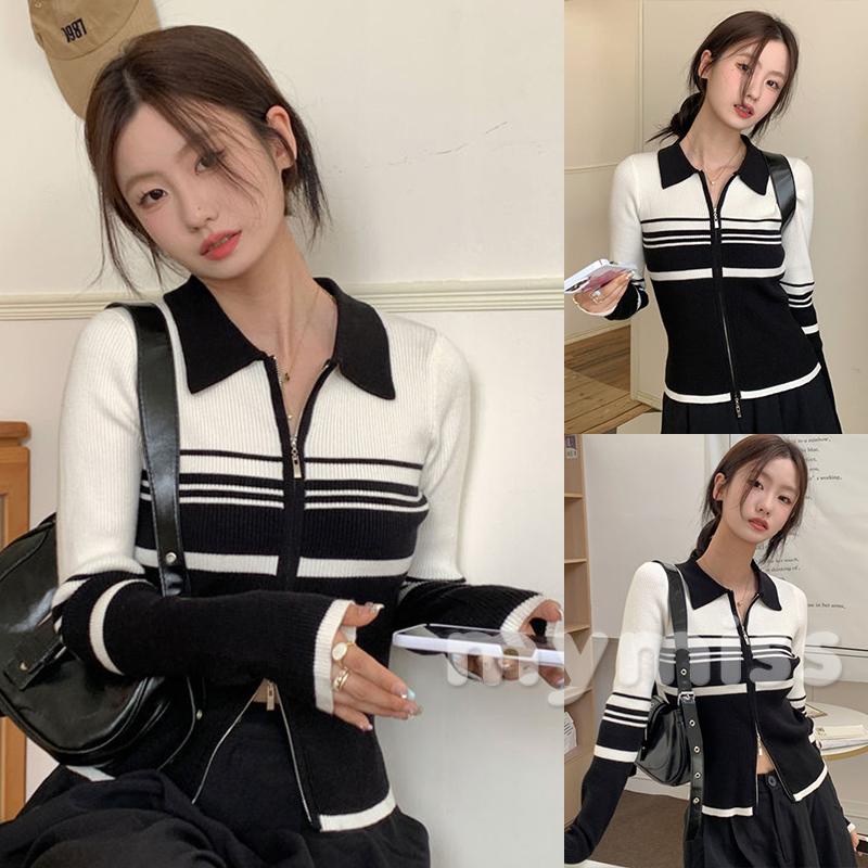Mymiss1-áo cardigan Dệt Kim Tay Dài Dáng Ôm In Họa Tiết Sọc Màu Tương Phản Có Khóa Kéo Thời Trang Xuân Thu Cho Nữ