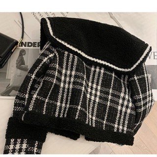 FXDAZI [Áo Khoác tweed Pháp] Áo Khoác Lông Cừu Ngắn Dáng Ôm Dày Dặn Cổ Hải Quân Kẻ Sọc Dễ Phối Đồ Cho Nữ